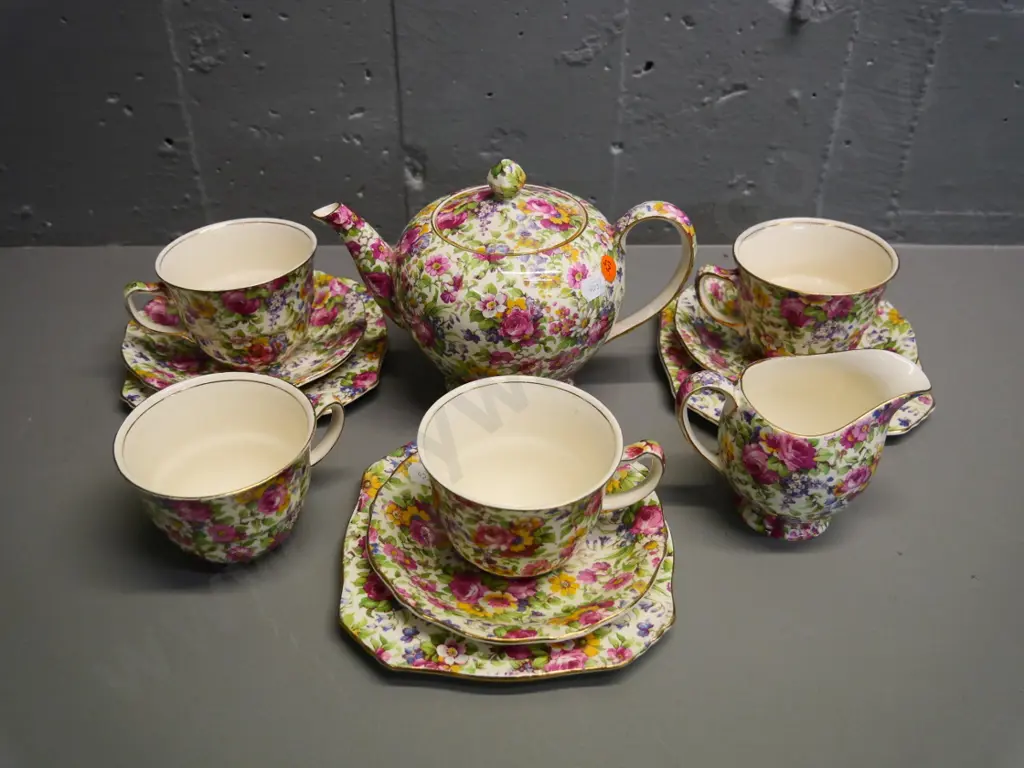 part Royal Winton Summertime all-over-floral tea set - 3-cup teapot, 3 trios, extra cup, cream Image 1++