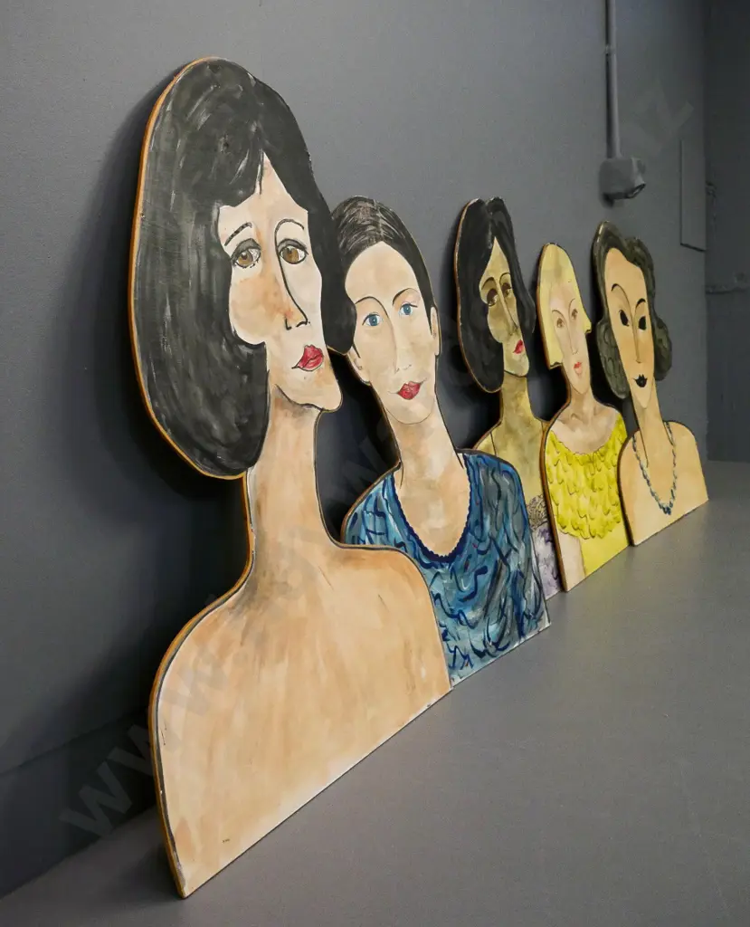 5 head & shoulder display/mannequin cutouts - hand-painted paper on board, tallest is H-800 W-510 Image 1++