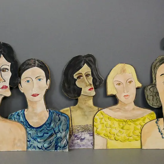 5 head & shoulder display/mannequin cutouts - hand-painted paper on board, tallest is H-800 W-510