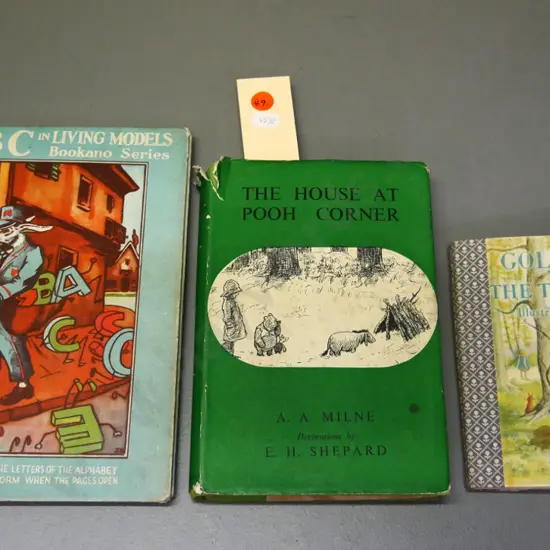 3 vintage chldren's books - pop-up alphabet, peep-show Goldilocks and 1951 edition House at Pooh Corner