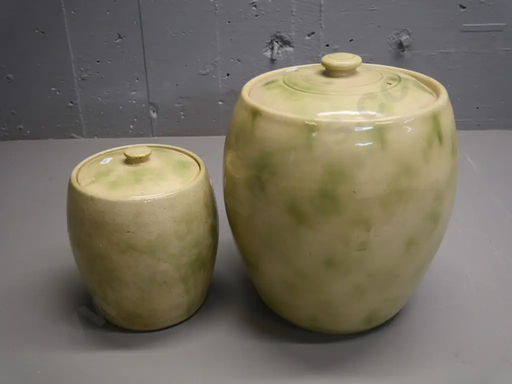 2 mottled green & cream lidded crocks - larger is marked Timaru Potteries inside, H-320 D-250, has small chip to lid rim Image 1++