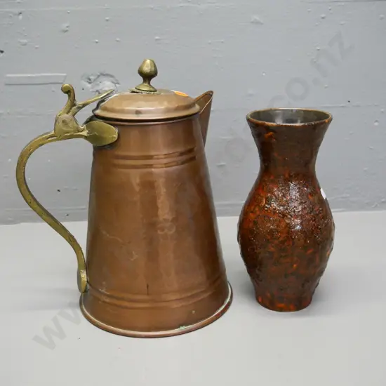 copper and brass jug H270 (lid separated, previous mend, hinge stiff) and a small German pottery vase
