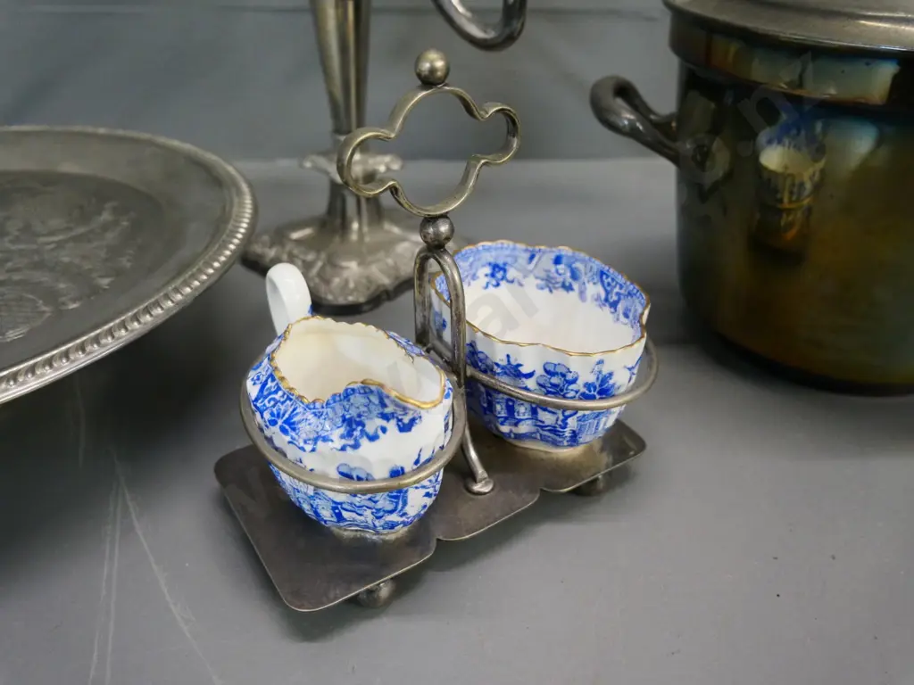 various plated ware - 5-candle candelabrum H-280, cake stand, ice bucket plus a Copeland blue & white cream & sugar Image 1++
