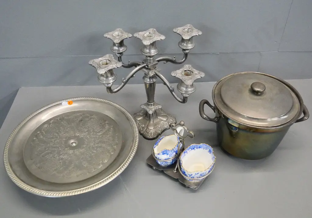 various plated ware - 5-candle candelabrum H-280, cake stand, ice bucket plus a Copeland blue & white cream & sugar Image 1++