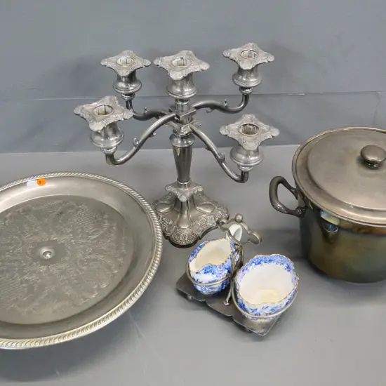 various plated ware - 5-candle candelabrum H-280, cake stand, ice bucket plus a Copeland blue & white cream & sugar