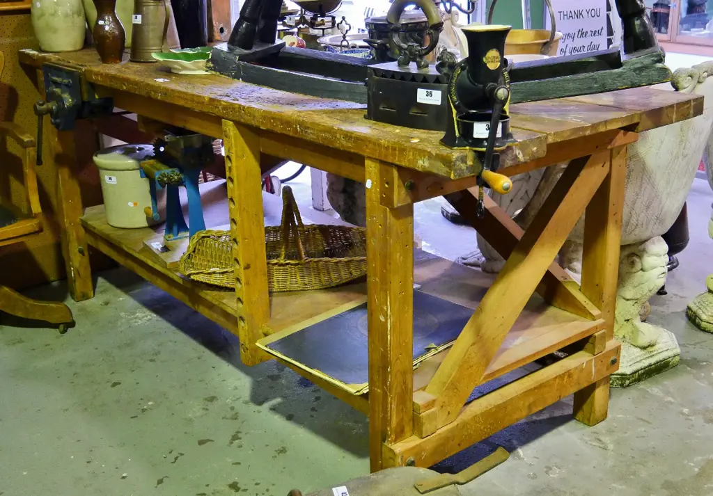 vintage very large heavy duty work bench with attached vise, extensive wear to top H-875 W-2110 D-760 Image 1++