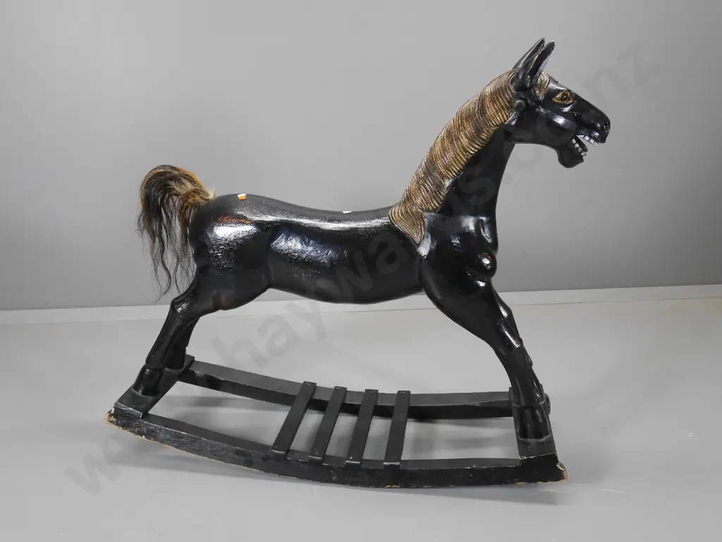 vintage carved wood black and gilt painted rocking horse with horsehair tail H900 L930 W340 Image 1++