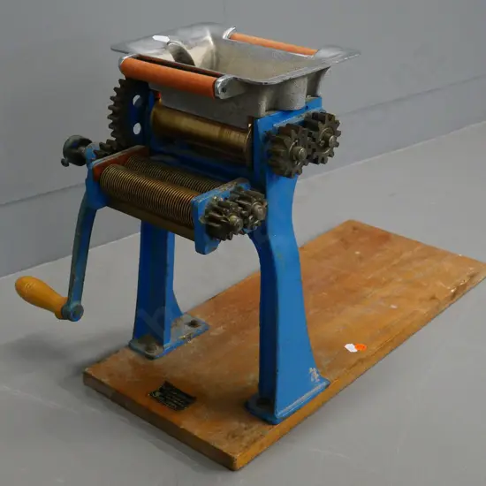 vintage "Nagai's Type" buckwheat noodle machine mounted on wooden base - needs attention H-390 L-540