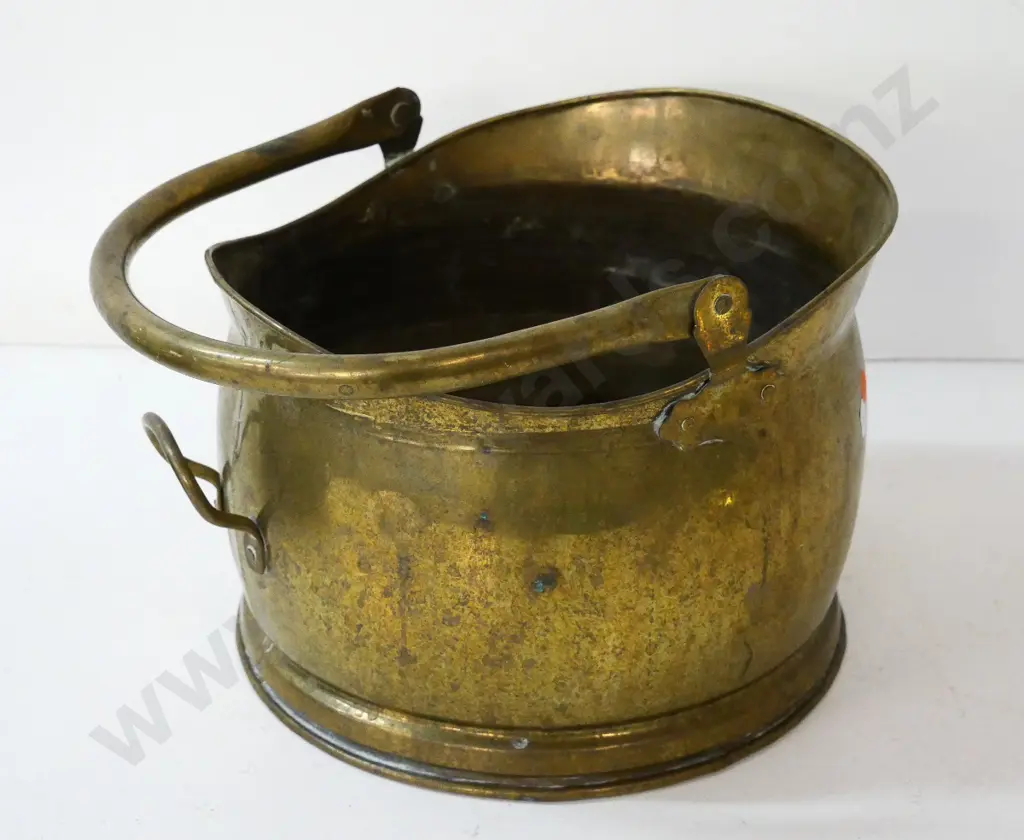 brass coal scuttle - marked Lombard, England on base, has had soldered repair. H-210 w/handle down Image 1++