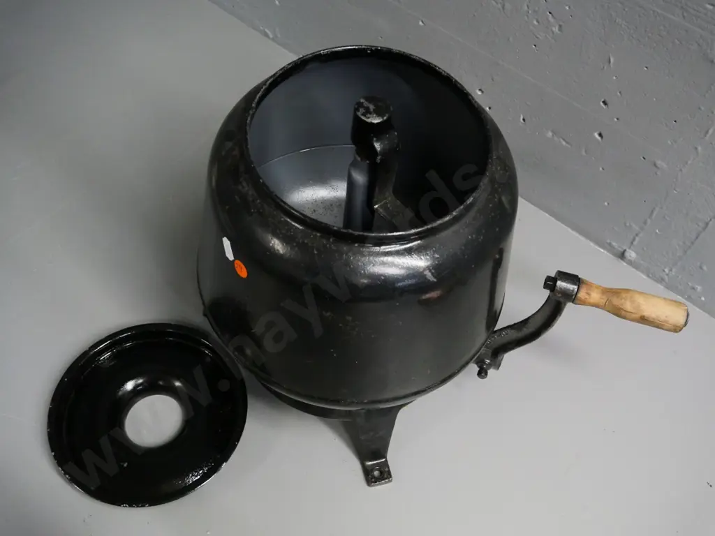 heavy cast metal black-finish rotating butter churn with tripod base, crank handle - marked 60 RPM H-370 D-280 Image 1++
