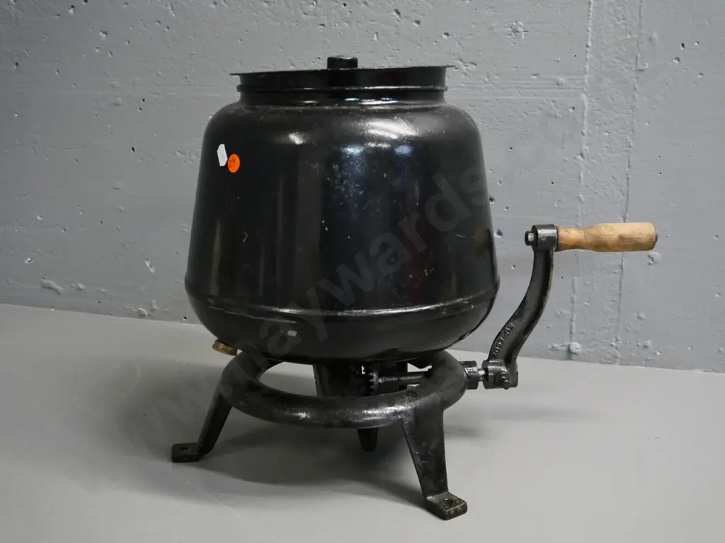 heavy cast metal black-finish rotating butter churn with tripod base, crank handle - marked 60 RPM H-370 D-280 Image 1++