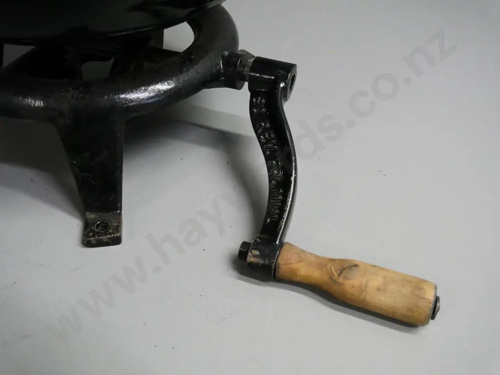 heavy cast metal black-finish rotating butter churn with tripod base, crank handle - marked 60 RPM H-370 D-280 Image 1++