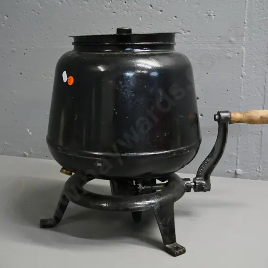 heavy cast metal black-finish rotating butter churn with tripod base, crank handle - marked 60 RPM H-370 D-280
