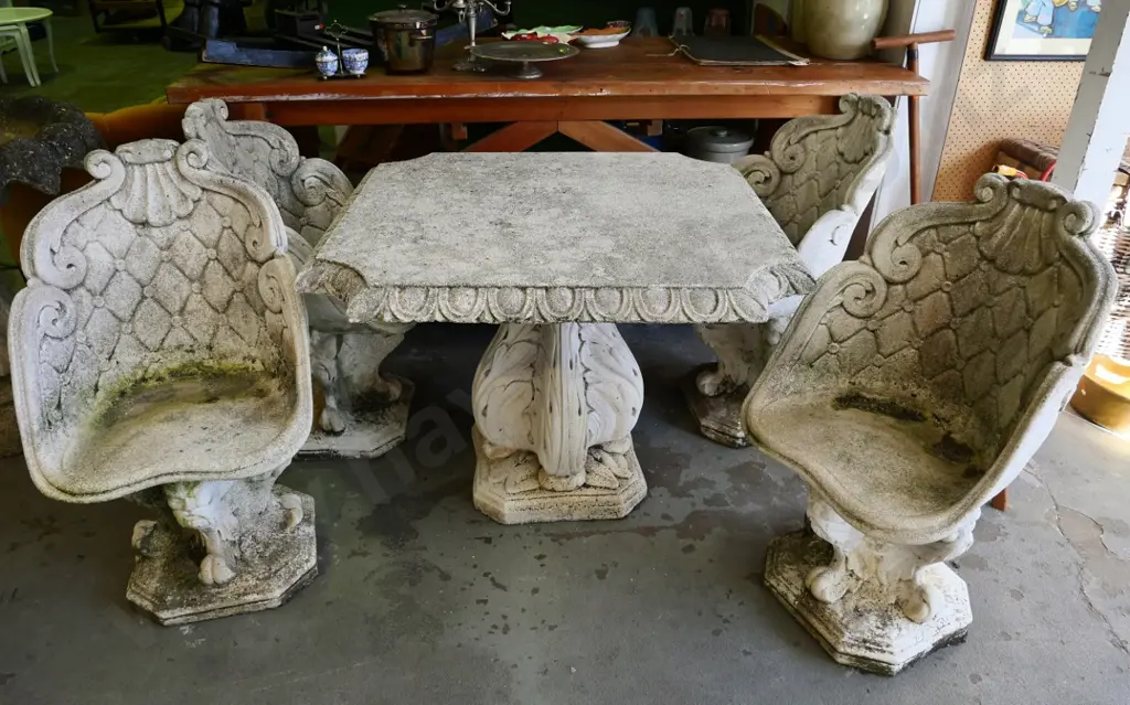 Victorian style concrete pedestal outdoor table with 4 matching ornate chairs H-740 W-990 D-990 Image 1++