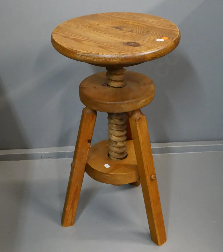 vintage adjustable-height wooden stool H-570 as photographed (seat top loose) Image 1++