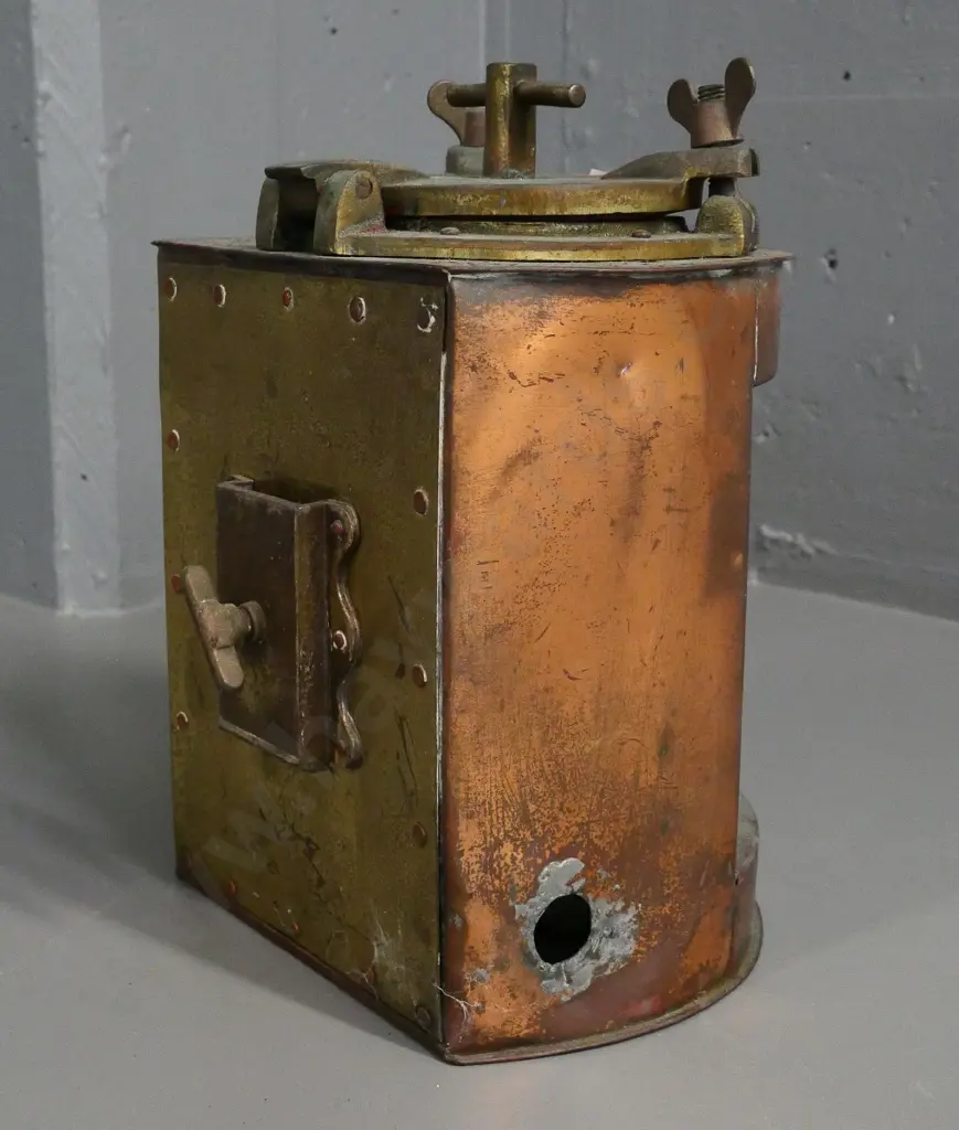 vintage brass and copper ship's lantern w/glass insert - marked Meteorite and plaque with 'Stern' some damage H320 D230 Image 1++
