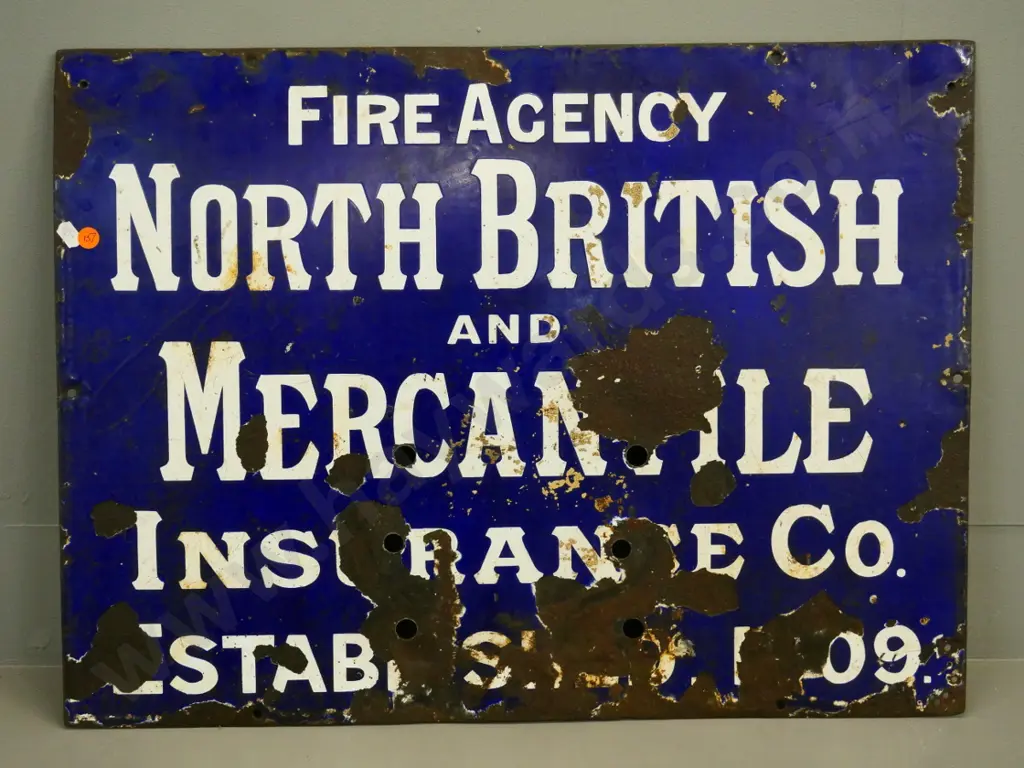 enamel and metal sign - North British & Mercantile Insurance Co - corrosion and large chipped areas H460 W520 Image 1++