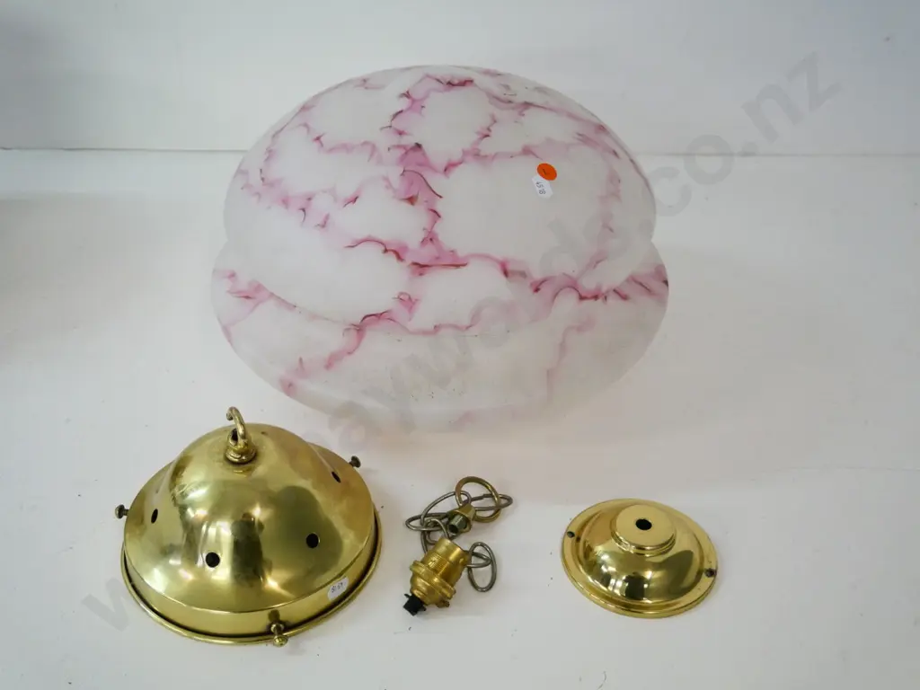 large deco frosted white ceiling light shade with pink marbled decoration, brass journal, fitting and chain H-250 D-350 Image 1++