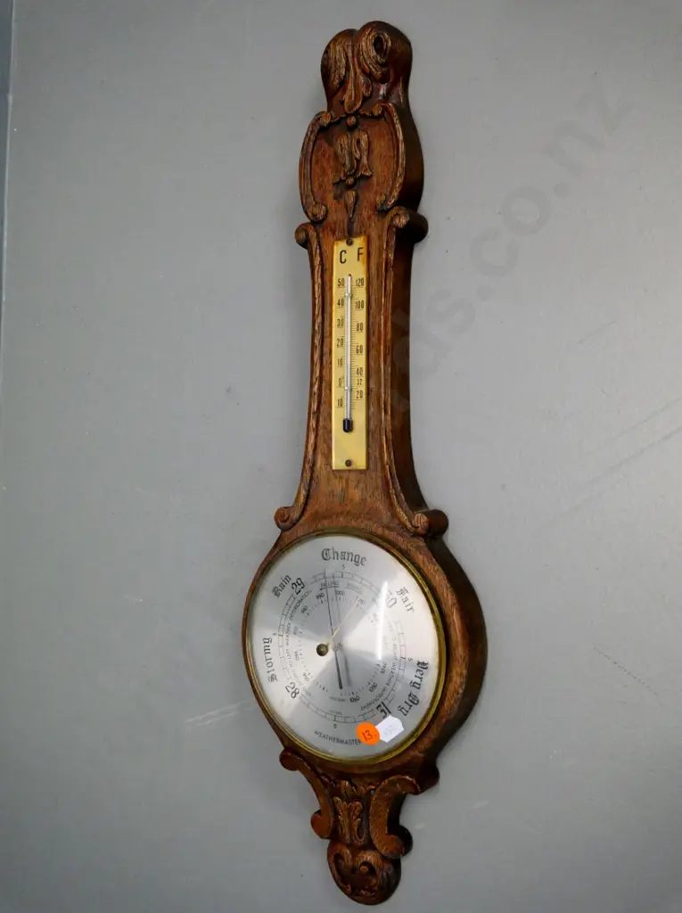 faux-wood oak-look composite Weathermaster wall barometer-thermometer H530 W160 Image 1++
