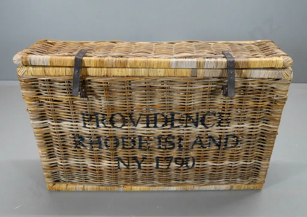 reproduction narrow cane hamper with leather straps H-690 W-1150 D-300 Image 1++