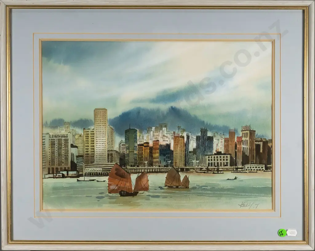Kelly T - framed watercolour - boats and city scape H-2900 W-390 Image 1++