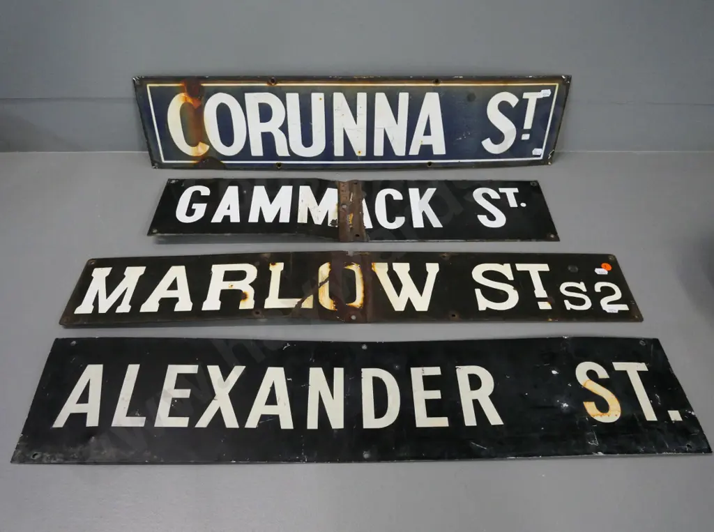 4 vintage street signs, 2 with heavy damage and corrosion in center, others with some wear - largest is 150 x 760 Image 1++