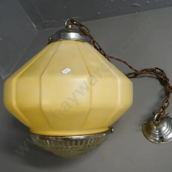 cream mottled glass light shade with chrome fittings and clear insert - pitting & corrosion to chrome H400 D300