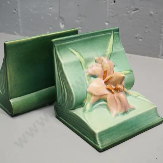 pair of Roseville Pottery USA orchid motif book-ends H-130 W-110 D-130
