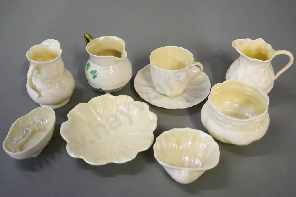 8 pieces Belleek green mark china - 3 jugs, sugar, cup & saucer, 3 small dishes Image 1++