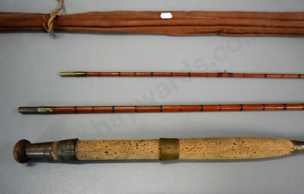3-piece split cane fishing rod with canvas sleeve - brass end piece marked Bartleet's or Bartlett's England Image 1++