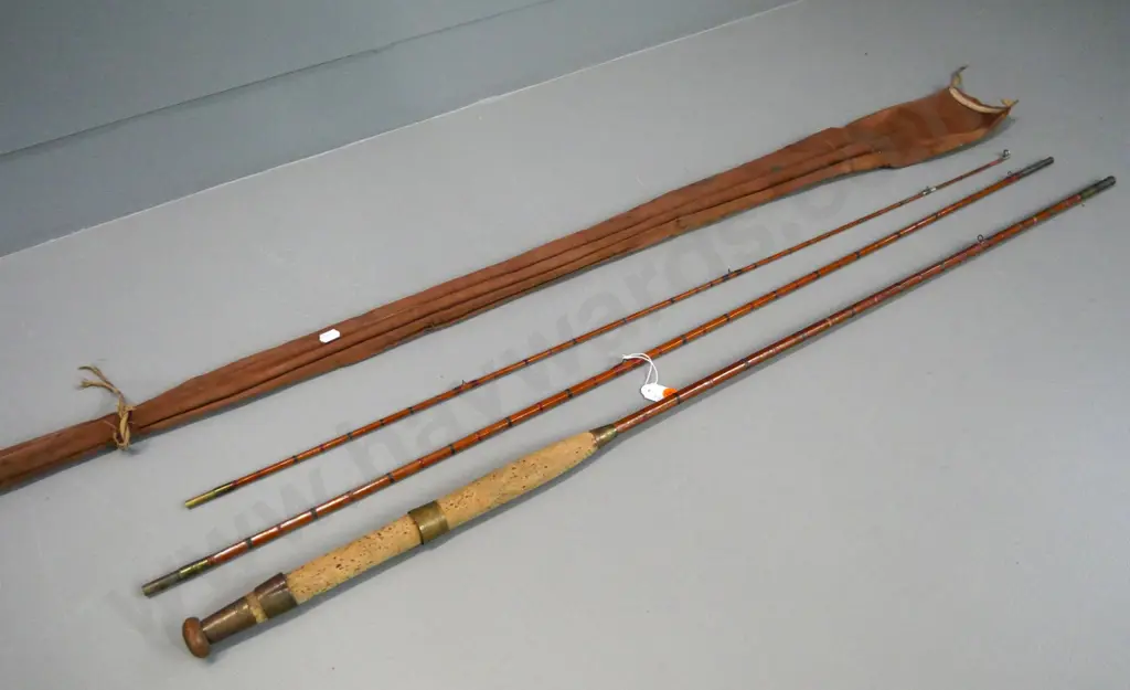 3-piece split cane fishing rod with canvas sleeve - brass end piece marked Bartleet's or Bartlett's England Image 1++