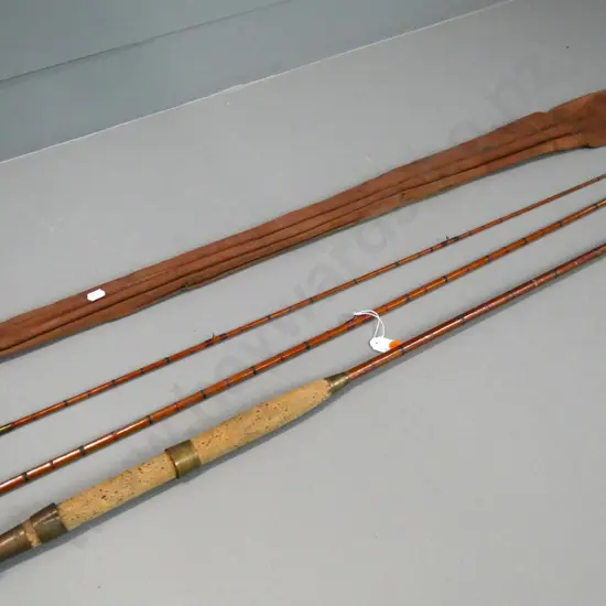 3-piece split cane fishing rod with canvas sleeve - brass end piece marked Bartleet's or Bartlett's England
