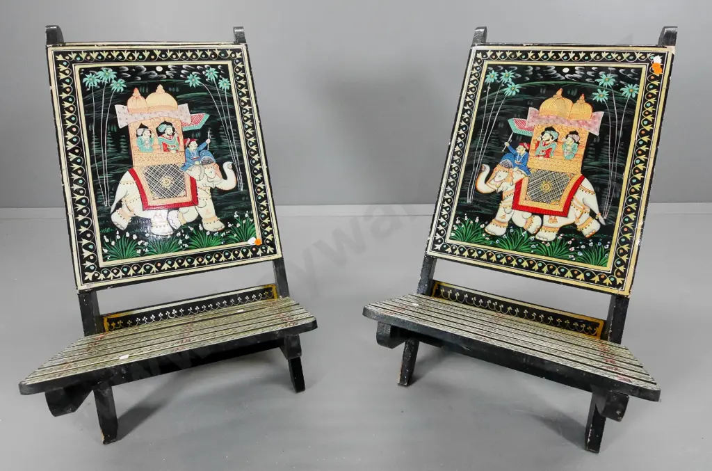 pair of collapsible Indian chairs with elephant motif painted backs, some chipping to paint H730 W410 D640 Image 1++