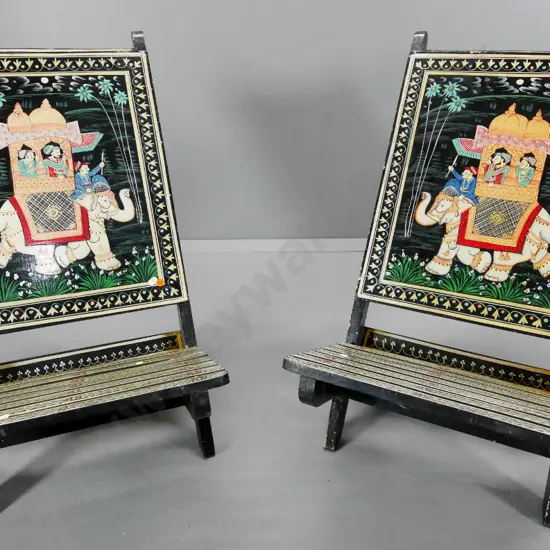 pair of collapsible Indian chairs with elephant motif painted backs, some chipping to paint H730 W410 D640