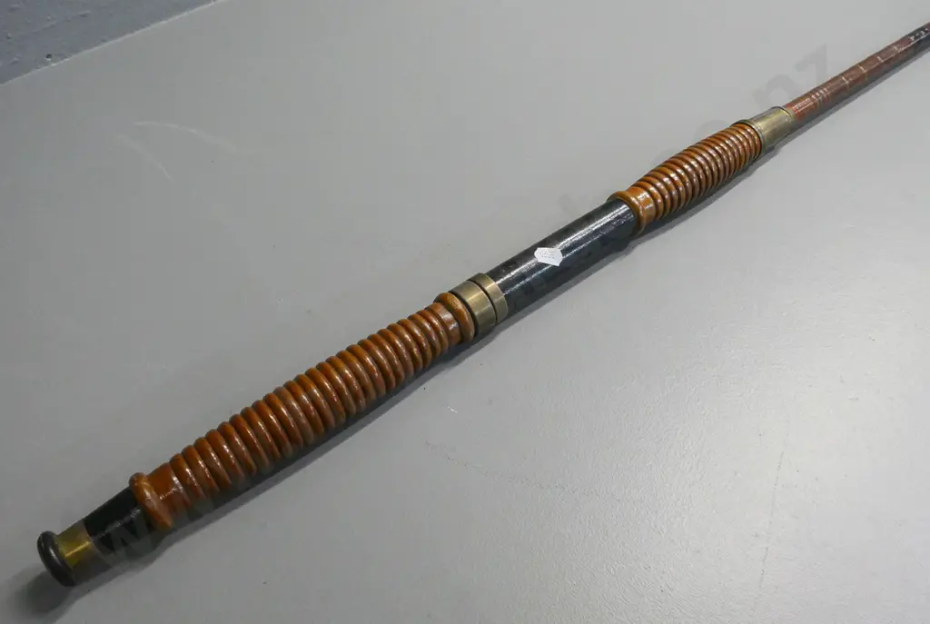 vintage 3-piece timber fishing rod - some wear, wood shaved away for reel fitting, missing one guide L-2500 Image 1++