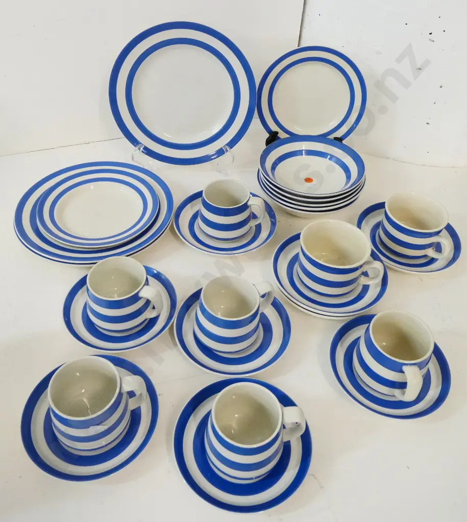 Cornish blue stripe kitchen ware - 8 cups & saucers, one has star crack, 5 desserts, 3 entree, etc. - slight staining Image 1++