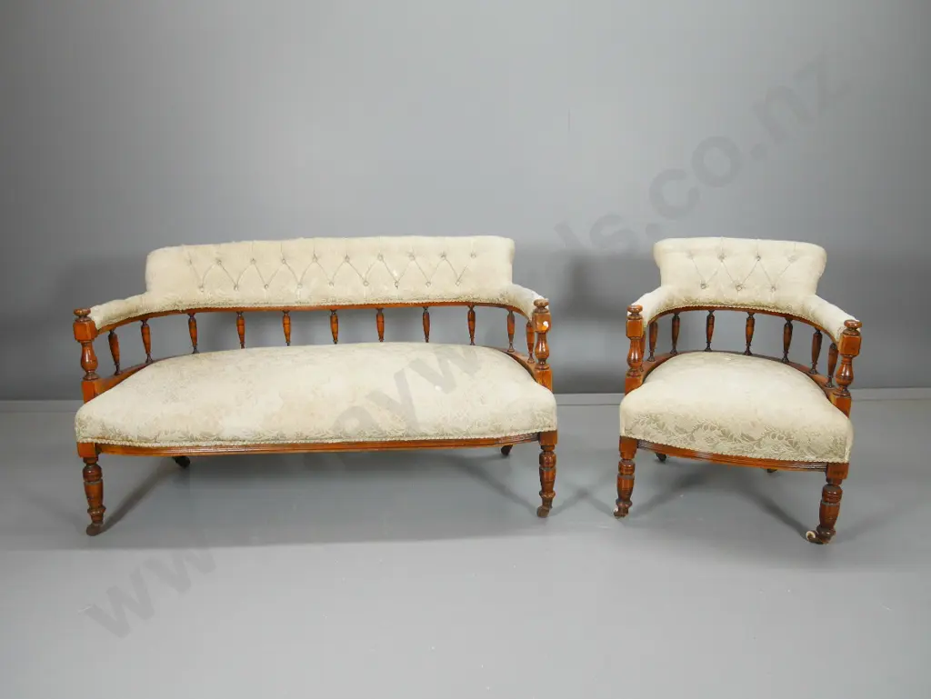 vintage turned spindle tub back deep button settee and chair on metal casters - settee H740 W1270 D640 Image 1++