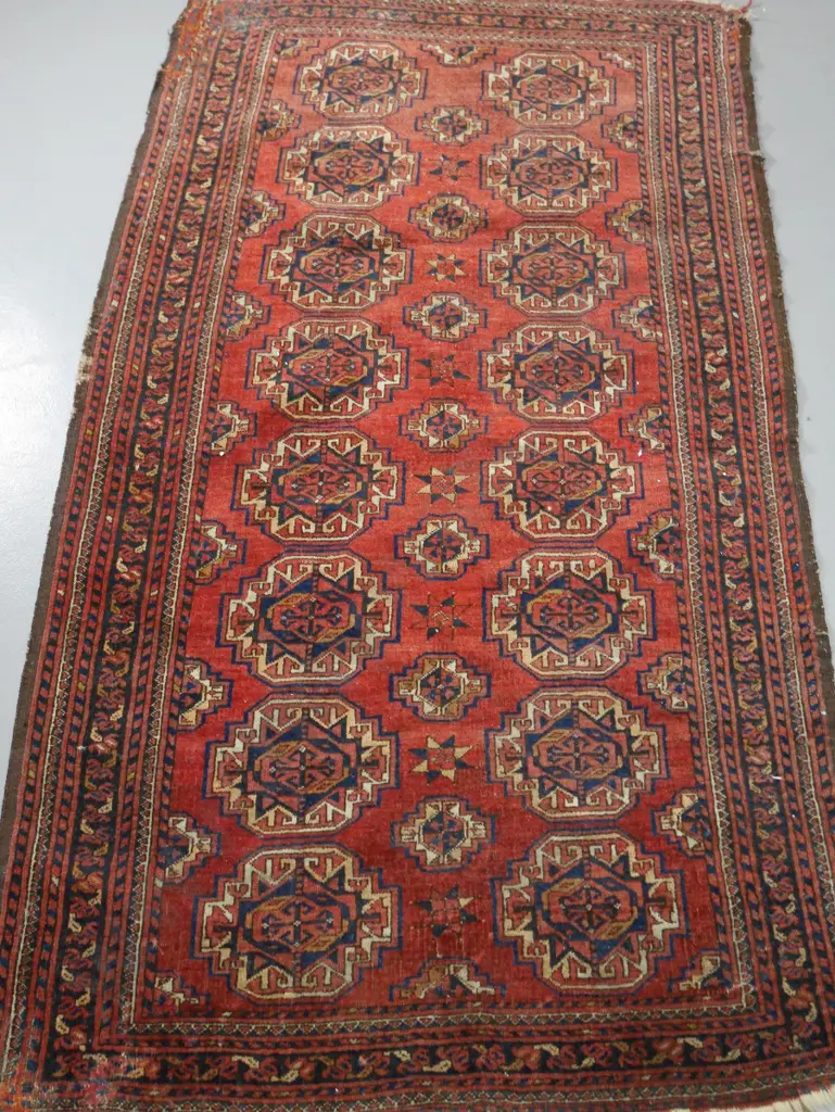 hand-woven Turkish Baluchi region wool floor rug, circa 1920s, significant wear L1800 W1060 Image 1++