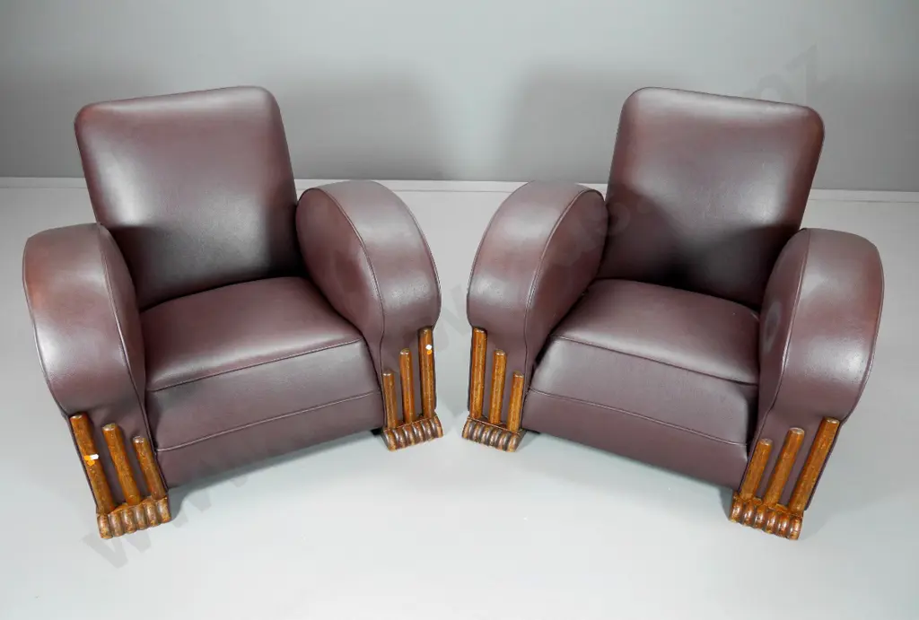 pair of deco style armchairs with oak facings & feet, vinyl upholstery, some scratches and wear to vinyl H720 W860 D850 Image 1++