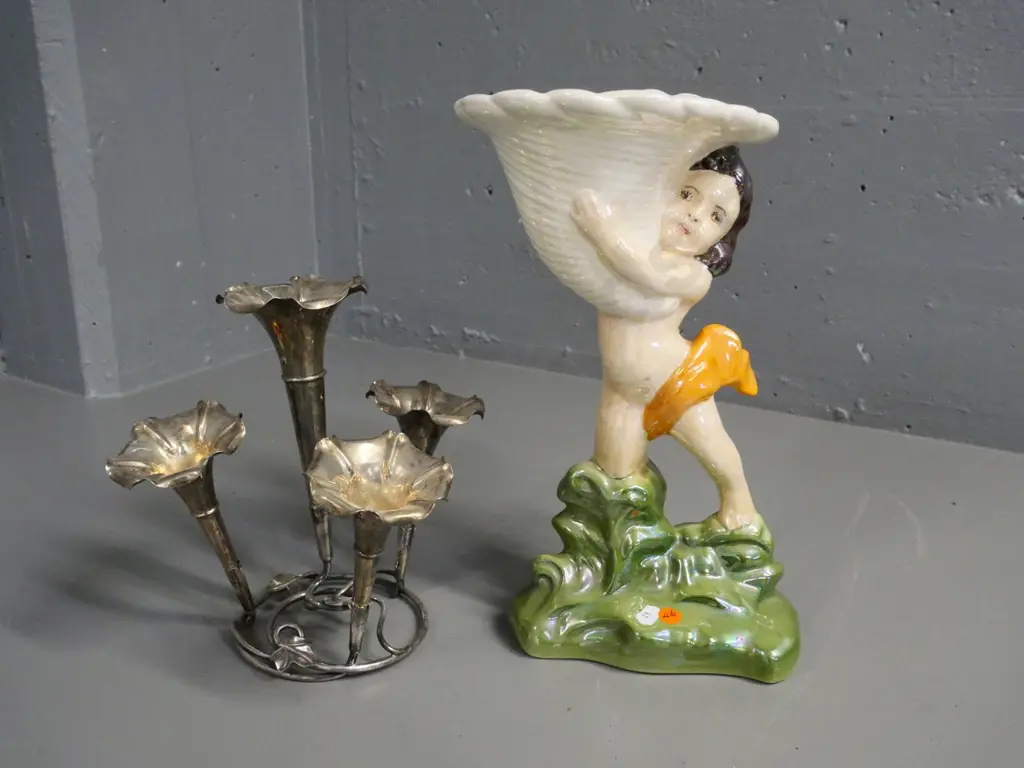 large figural lustre vase H-340 and a plated 4-epergne vase Image 1++
