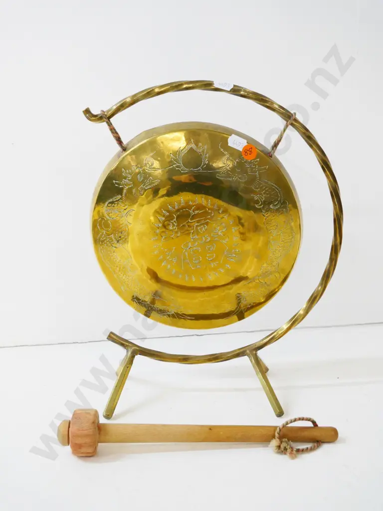 brass dragon motif gong on brass stand with wooden striker H-300 Image 1++
