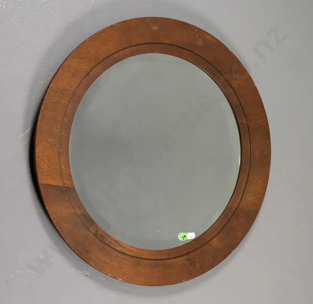 circular wood framed bevelled edge wall mirror Diam-470 Image 1++
