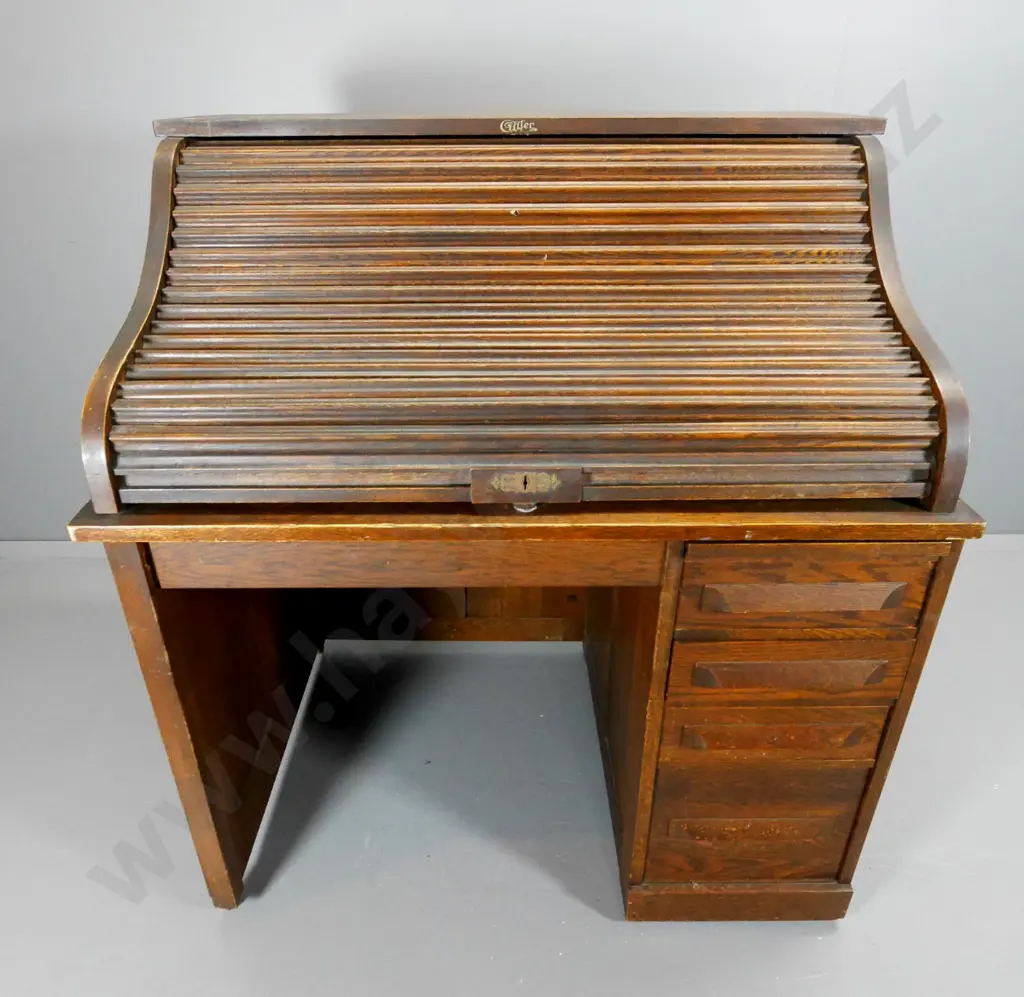 vintage Cutler oak 4-drawer single pedestal roll-top desk, polish needs work, hole drilled in 1 slat H-1180 W-1070 D-780 Image 1++