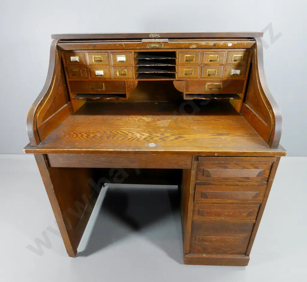 vintage Cutler oak 4-drawer single pedestal roll-top desk, polish needs work, hole drilled in 1 slat H-1180 W-1070 D-780 Image 1++