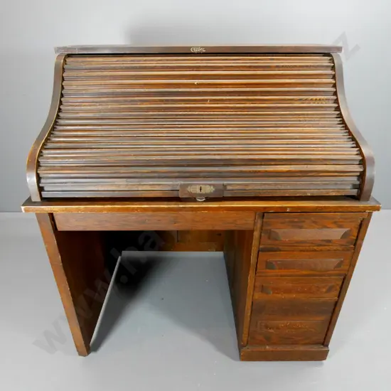 vintage Cutler oak 4-drawer single pedestal roll-top desk, polish needs work, hole drilled in 1 slat H-1180 W-1070 D-780