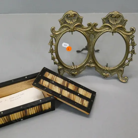 cast-brass double photo frame with glass, no backing, H200 and a porcupine quill box, some missing inlay