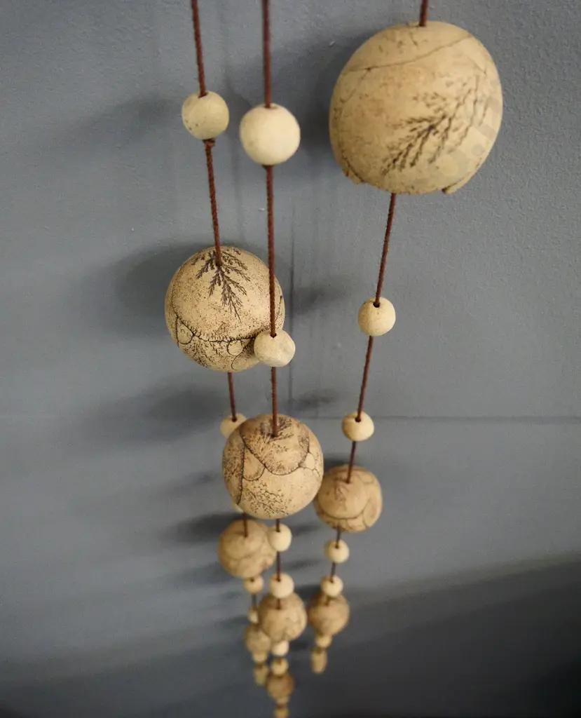 studio pottery wall hanging - 3 strings of spheres with driftwood hanger H-1070 Image 1++