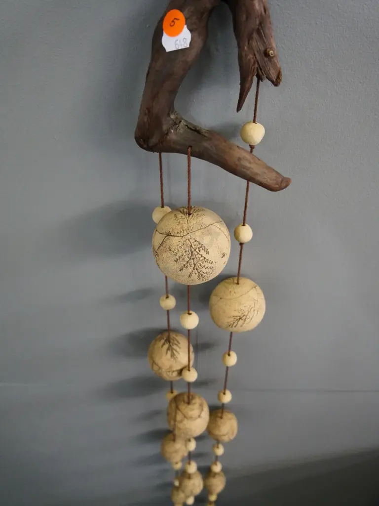 studio pottery wall hanging - 3 strings of spheres with driftwood hanger H-1070 Image 1++