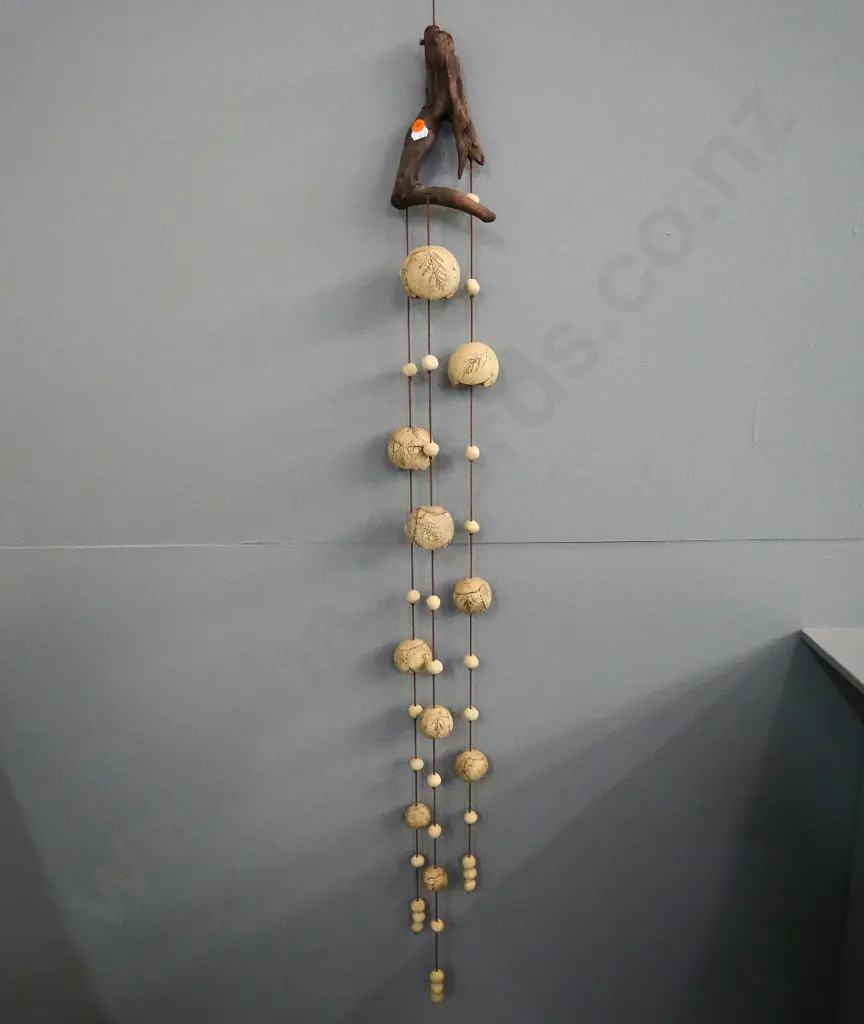 studio pottery wall hanging - 3 strings of spheres with driftwood hanger H-1070 Image 1++