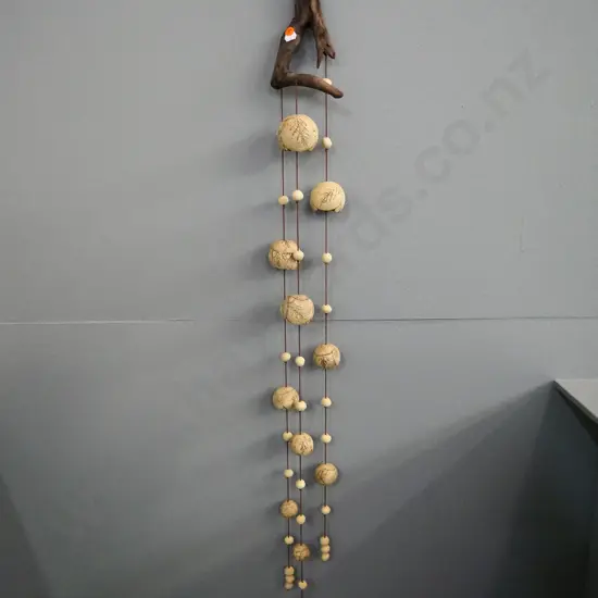 studio pottery wall hanging - 3 strings of spheres with driftwood hanger H-1070